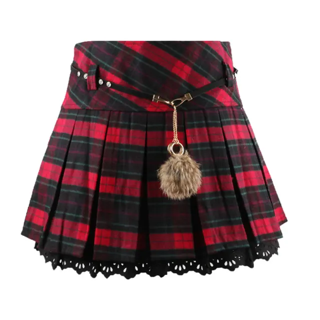 Pleated Ruffled A line High Waist Spring And Autumn Plaid Skirt Red And Black - Shop at LoveMi