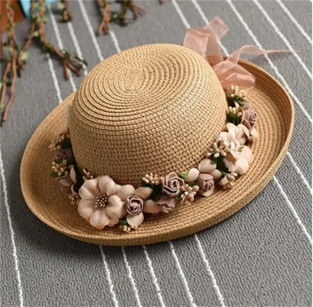 Women's Hand Flanged Fake Garland Visor Hat Khaki - Shop at LoveMi