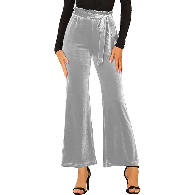 Solid Color Belted Pockets High Waist Elastic Yoga Pants Trousers Silver Grey - Shop at LoveMi