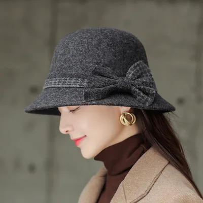 Ladies Fashion Bow Knot Wool Pot Hat Hemp Ash - Shop at LoveMi