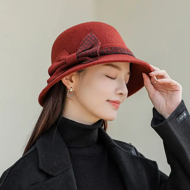Ladies Fashion Bow Knot Wool Pot Hat Orange - Shop at LoveMi