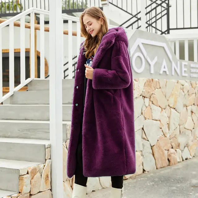 Women's Faux Fur Long Hooded Faux Rabbit Plush Jacket Purple - Shop at LoveMi