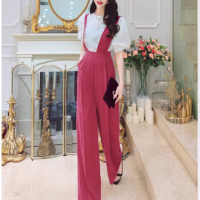 Women's New Simple Short Sleeve Top Straight Bib Two Piece Set Red - Shop at LoveMi