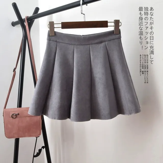 Women's High Waist Pleated Deerskin Velvet A line Skirt Grey - Shop at LoveMi