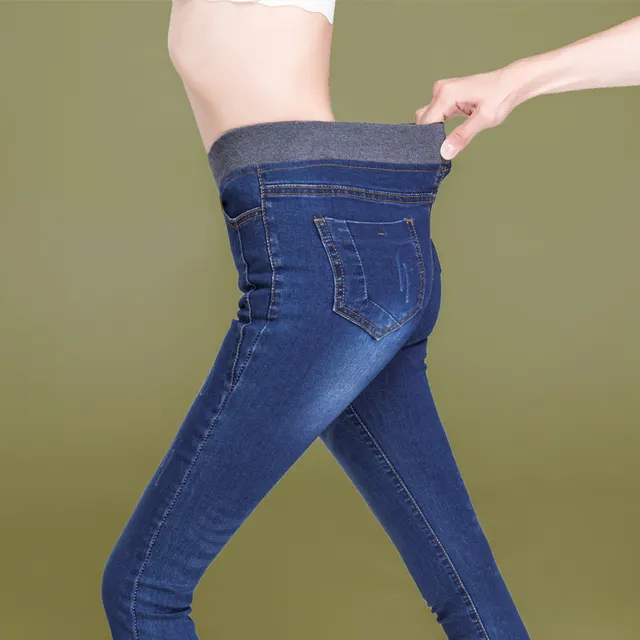 Women's High Waist Fat Mm Plus Size Elastic Fleece Jeans Dark Blue - Shop at LoveMi