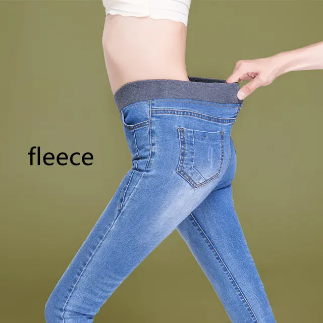 Women's High Waist Fat Mm Plus Size Elastic Fleece Jeans Light Blue Velvet - Shop at LoveMi