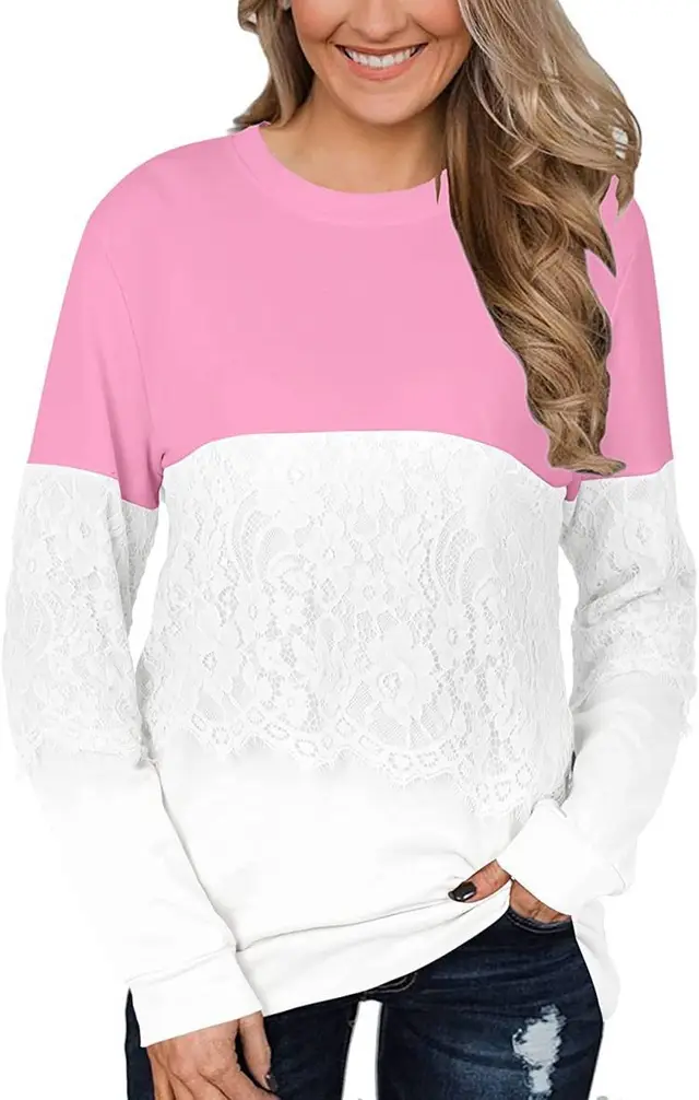 Solid Color Long Sleeve Pullover Cotton Autumn Winter Lace Sweatshirt Pink - Shop at LoveMi