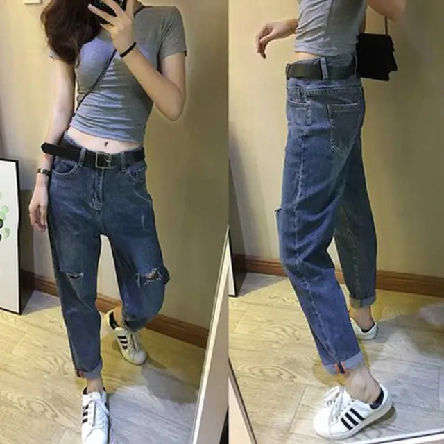 Women's Loose And Slim Ripped Denim Ninth Pants Dark Blue - Shop at LoveMi
