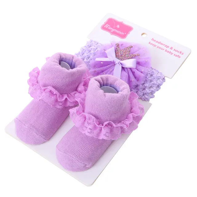 Solid Color Bow Lace Baby Socks Headband Set - Shop at LoveMi