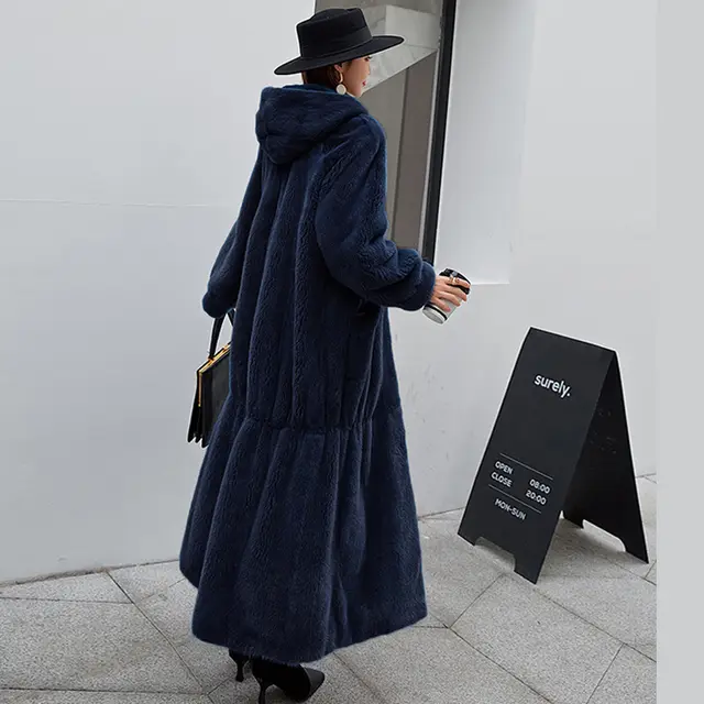 New Fur Coat Women's Hooded Long Coat Navy Blue - Shop at LoveMi