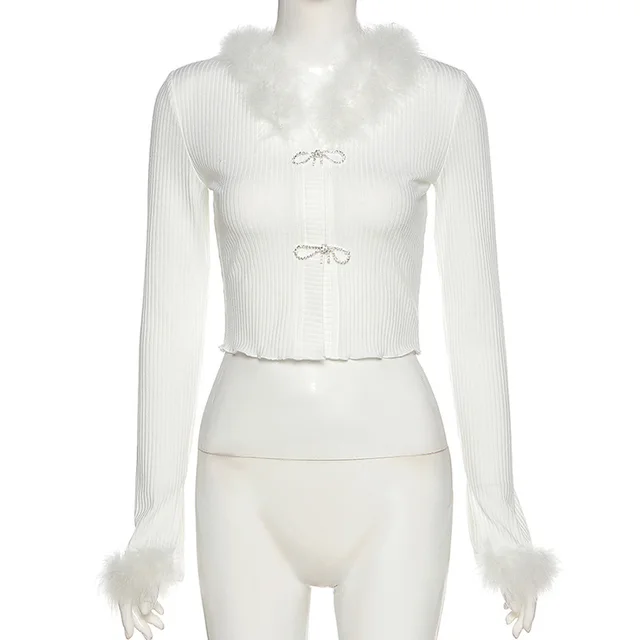 Long Sleeve V Neck Panel Slim Fit Cropped Navel Fashion Cardigan White - Shop at LoveMi
