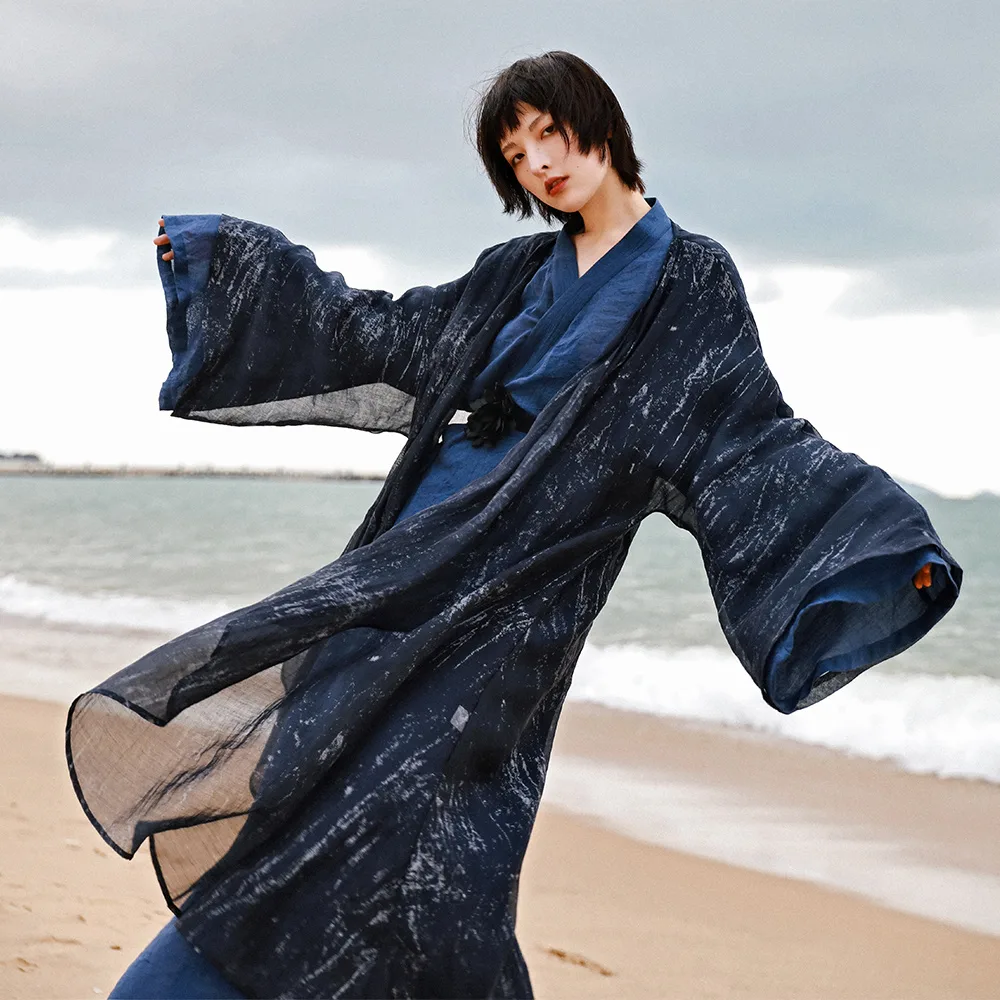 New Hanfu New Three Piece Cardigan Dress Navy Blue Outside - Shop at LoveMi