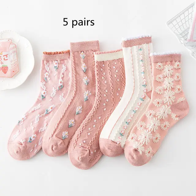 Cotton Socks Embossed Three dimensional Small Flower Socks 2Pink - Shop at LoveMi