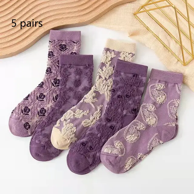 Cotton Socks Embossed Three dimensional Small Flower Socks Purple - Shop at LoveMi