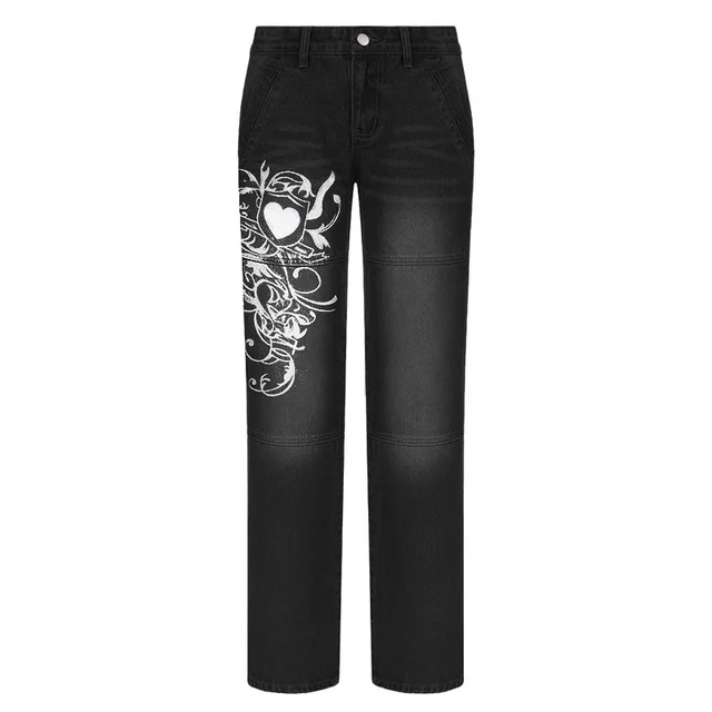 Loose Trousers Low rise Pleated Heart print Washed Jeans Black - Shop at LoveMi