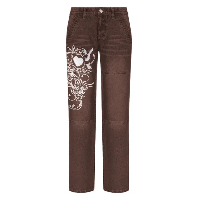 Loose Trousers Low rise Pleated Heart print Washed Jeans Brown - Shop at LoveMi