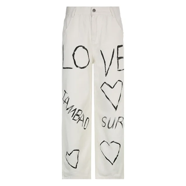 Loose Trousers Low rise Pleated Heart print Washed Jeans White - Shop at LoveMi