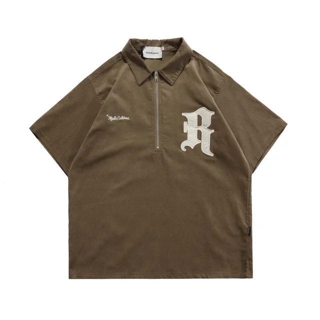 Street Retro Half Sleeve Corduroy Half Zip Letters Brown - Shop at LoveMi