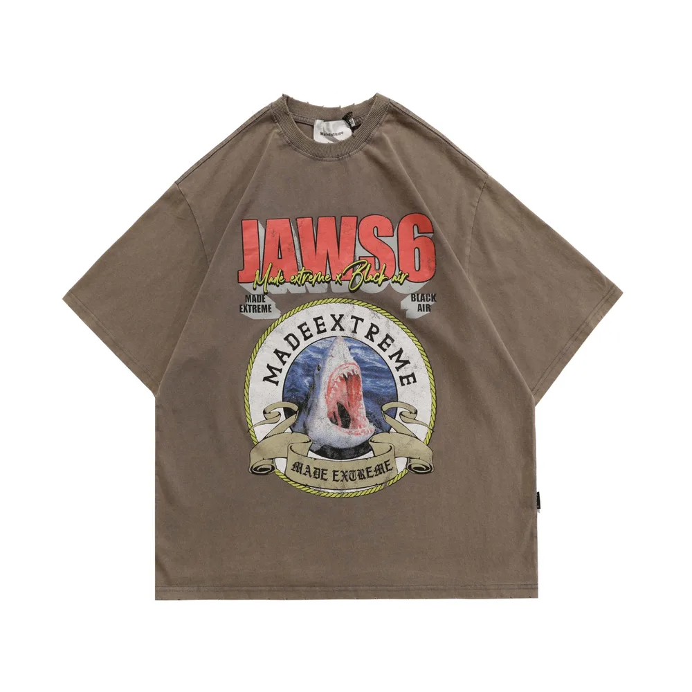 Street Vintage Shark Print Washed Distressed Short Sleeves Brown - Shop at LoveMi