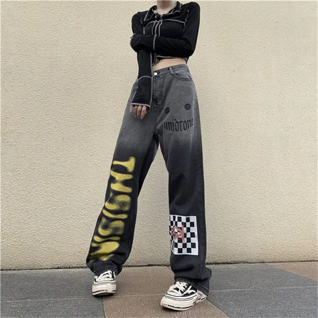 Trendy Harajuku Gradient Jeans Women's Straight Wide Leg Pants Black - Shop at LoveMi