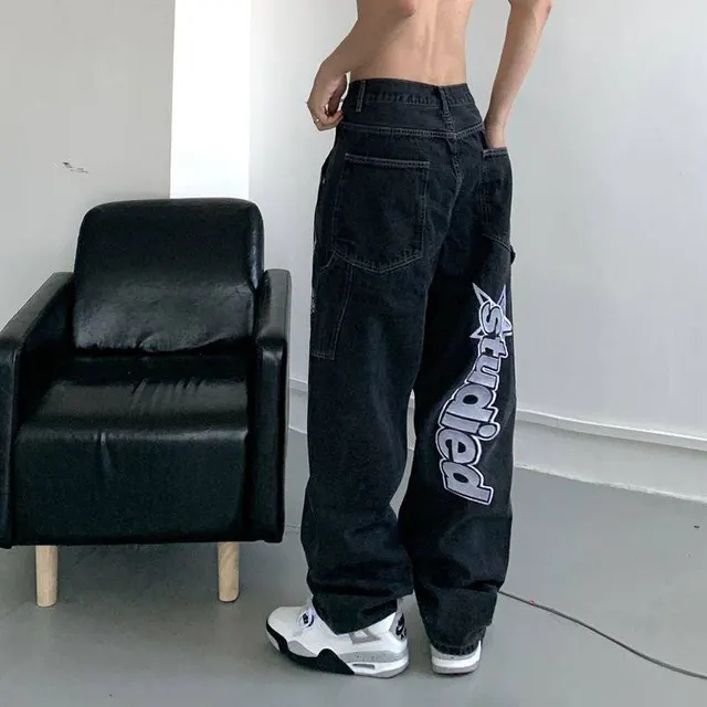 New Street Retro Hip Hop Letters Embroidered Jeans Black - Shop at LoveMi