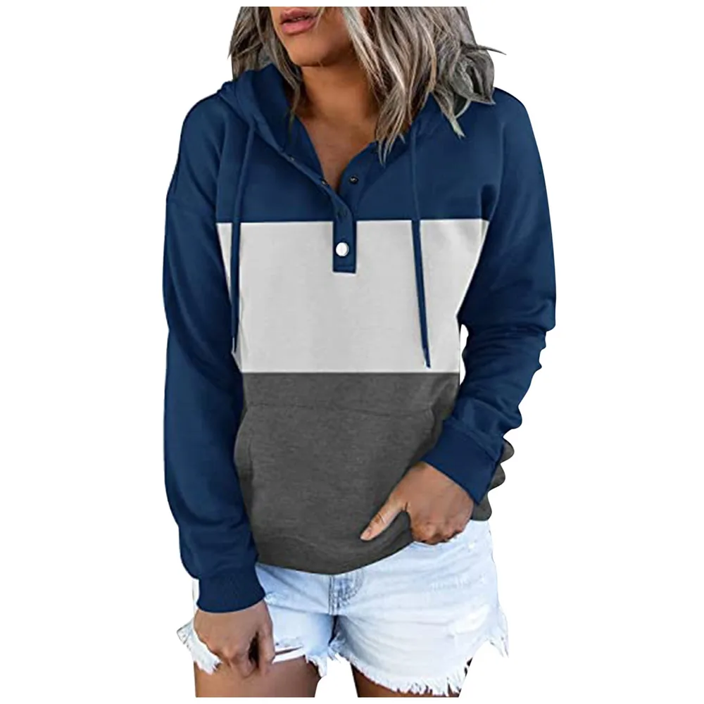 Women's Colorblock Fleece V Neck Hooded Drawstring Pullover Sweatshirt Blue - Shop at LoveMi