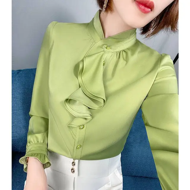 Satin Shirt Ladies New Fashion Bottoming Top Green - Shop at LoveMi
