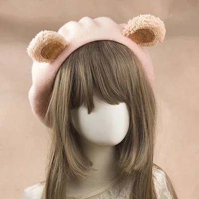 Lolita Bear Ear Beret Biscuits Female Japanese Handmade Pink Hat Brown Ear Front Ear - Shop at LoveMi