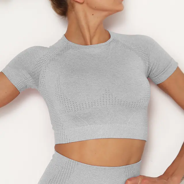 Seamless Knit Athletic Short Sleeve Yoga Outfit Set Light Grey - Shop at LoveMi