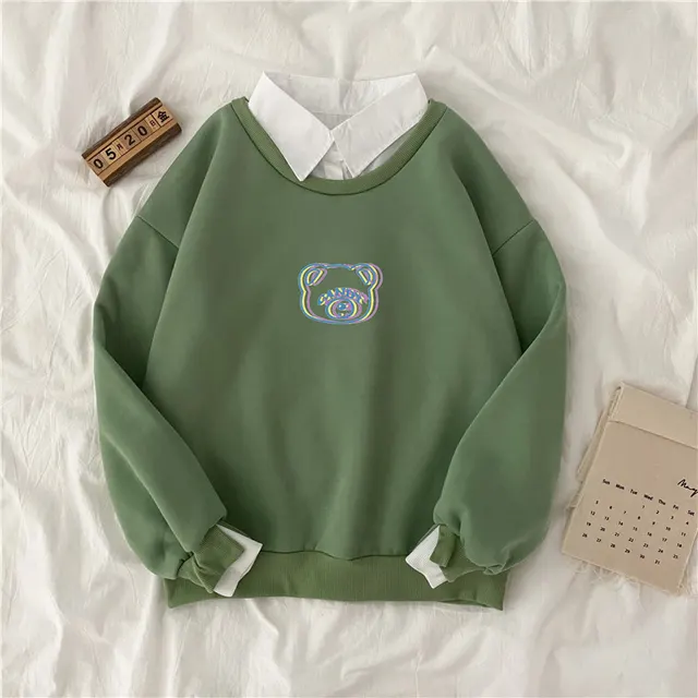 Autumn And Winter Korean Style Loose Ins Plus Velvet Thick Top Green - Shop at LoveMi