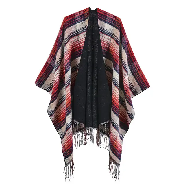 Classic Colorful Plaid Shawl Cape Faux Cashmere Tassel Thickening Plaid Navy Red - Shop at LoveMi