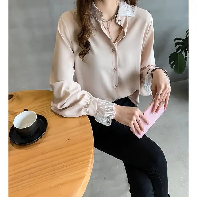New Women's Western Style Lace Stitching Chiffon Shirt Apricot - Shop at LoveMi