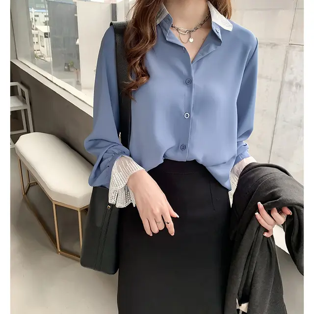 New Women's Western Style Lace Stitching Chiffon Shirt Blue - Shop at LoveMi