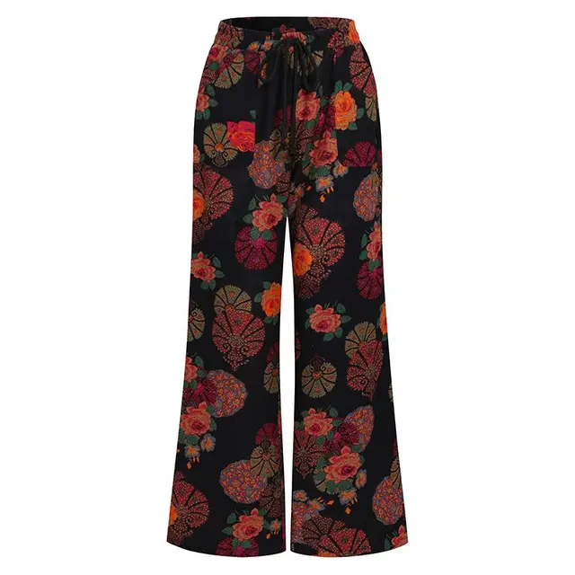 Women's High Waist Wide Leg Pants Multicolor Printed Big Feet Black - Shop at LoveMi