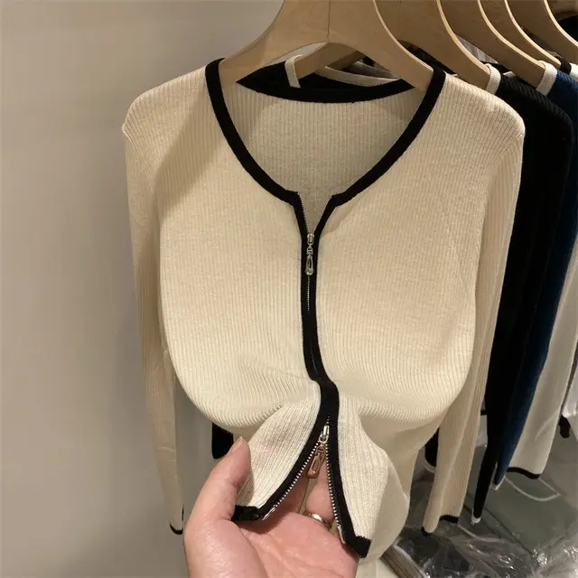 Women's Design Double Zipper Soft Waxy Long Sleeve Knit Cardigan Apricot - Shop at LoveMi