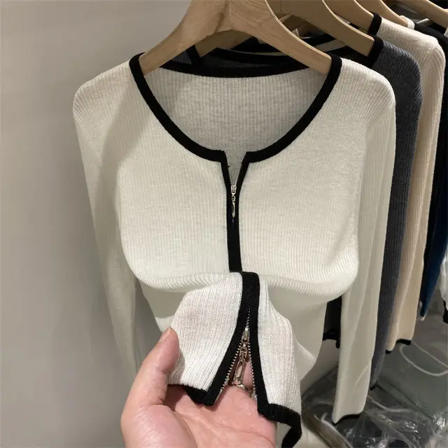 Women's Design Double Zipper Soft Waxy Long Sleeve Knit Cardigan White - Shop at LoveMi