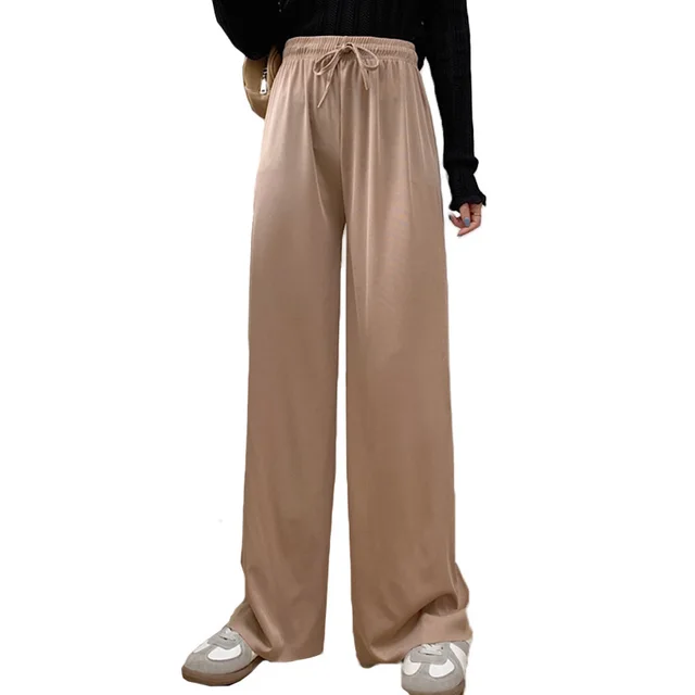 Solid Color High Waist Loose Straps Mopping Wide Feet Khaki - Shop at LoveMi