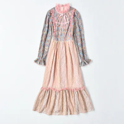 Stand neck Bow Tie Lotus Lace Patchwork Print Maxi Dress Apricot - Shop at LoveMi