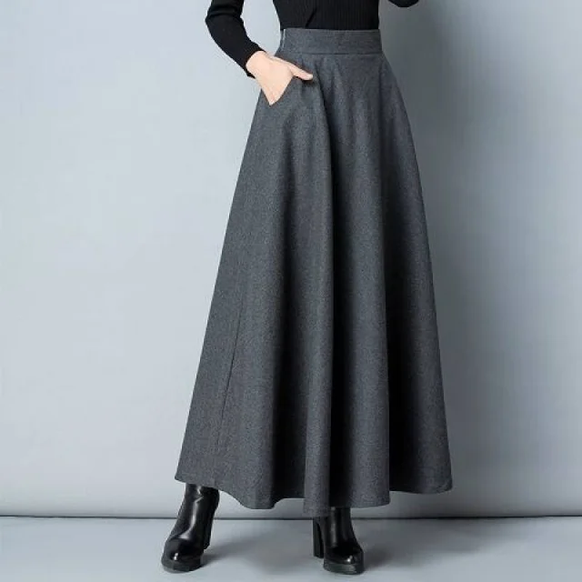 Women's Autumn And Winter Woolen Mid length Swing Skirt Grey 86Cm Has Pockets - Shop at LoveMi