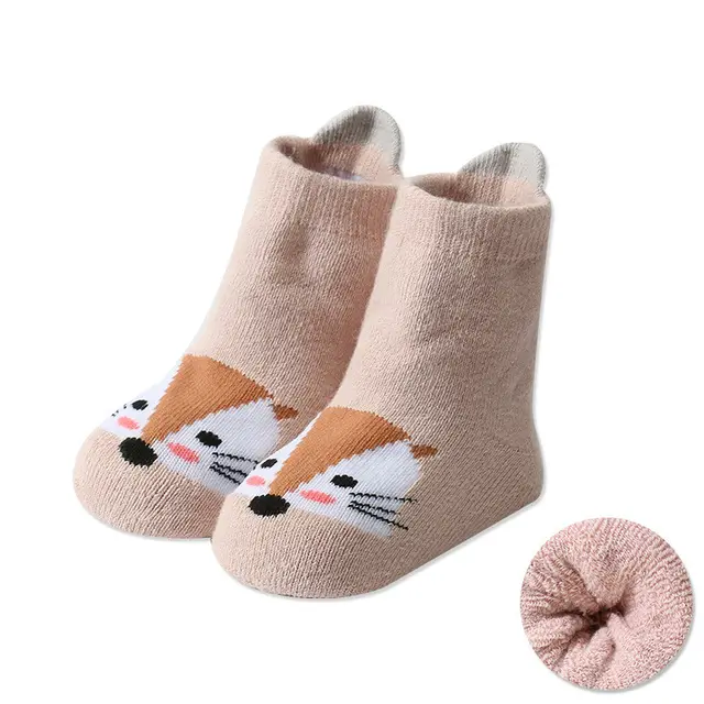 Children's Cartoon Dispensing Warm Terry Socks With Large Heel Pink Fox - Shop at LoveMi