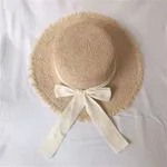 Women's Seaside Elegant Japanese Bow Flat Raffia Hat - Beige