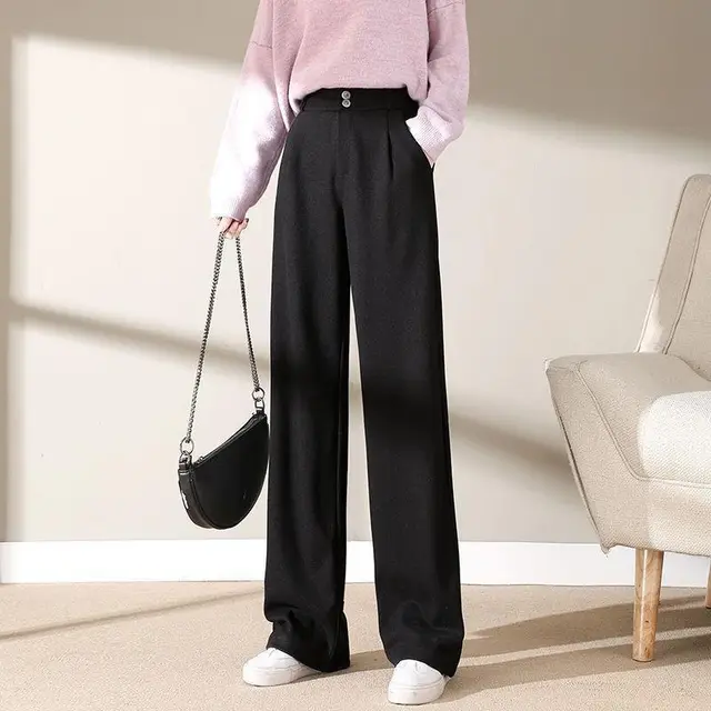 High Waist Loose Vertical Suit Casual Mopping Long Pants Black - Shop at LoveMi