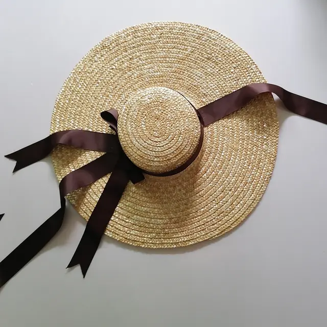 Big Brim Ribbon Bow Flat Top Straw Hat Coffee - Shop at LoveMi