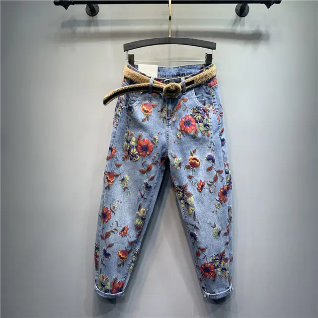 Harem Fashion Loose And Thin Flower Print Casual Jeans Baggy Trend Blooming Flowers - Shop at LoveMi