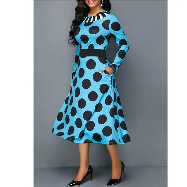 High Waist Polka Dot Vintage Swing Skirt With Pockets And Long Sleeves Blue - Shop at LoveMi