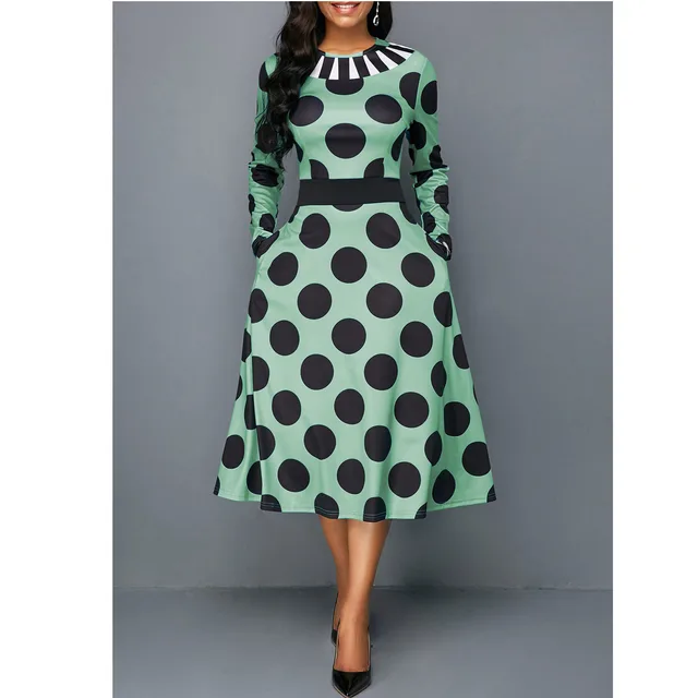 High Waist Polka Dot Vintage Swing Skirt With Pockets And Long Sleeves Green - Shop at LoveMi