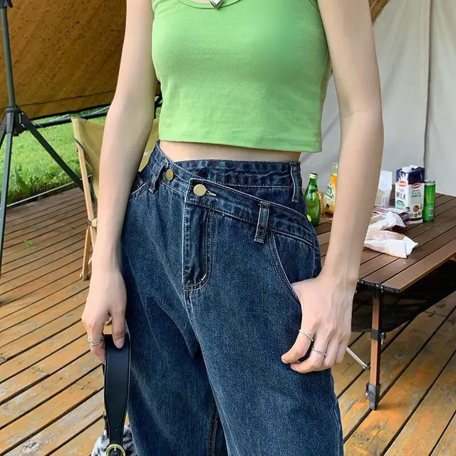 Jeans Women's Retro Loose High Waist Slim Mopping Pants Navy Blue - Shop at LoveMi