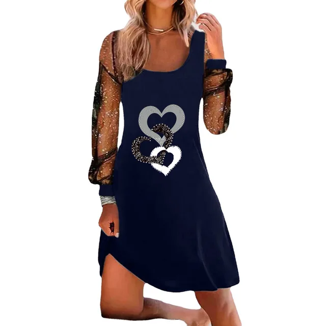 Ladies Fashion Printed Mesh Panel Dress Navy Blue - Shop at LoveMi