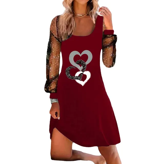 Ladies Fashion Printed Mesh Panel Dress Wine Red - Shop at LoveMi
