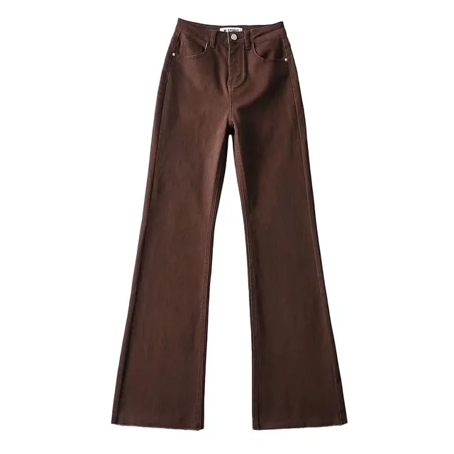 Raw Edge High Waist Denim Flared Pants Trendy Women's Clothing Brown - Shop at LoveMi